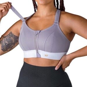 SHEFIT Front-Zip Support Sports Bra - Light Purple with White Band. 2 luxe